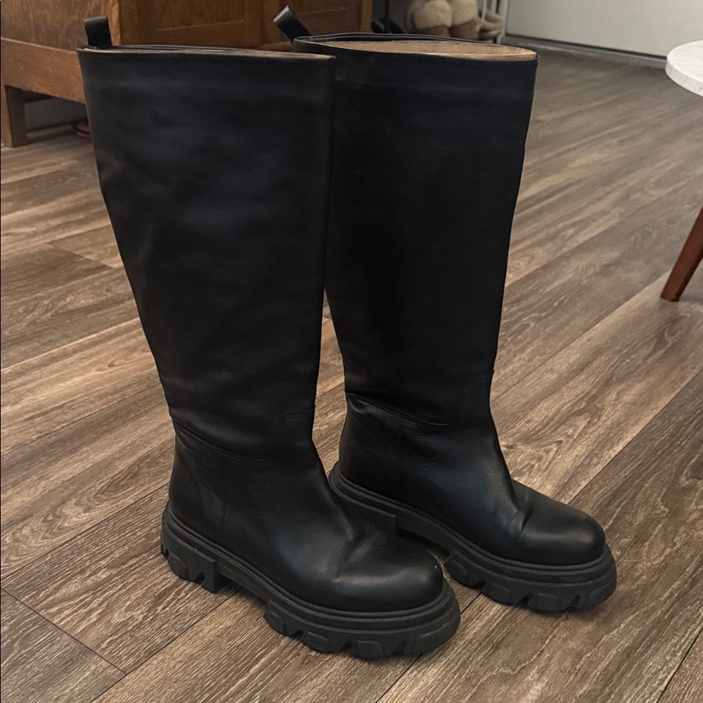 Black Leather Knee High Lug-Style Boots